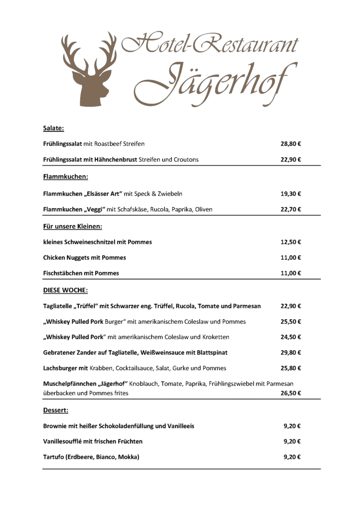 Speisekarte HotelRestaurant Jägerhof Düren